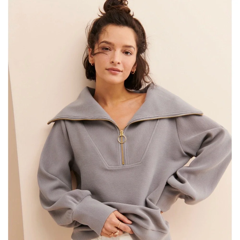 Varley Vine Half Zip Pullover Large Taupe Ribbed Funnel Neck Quiet Luxury